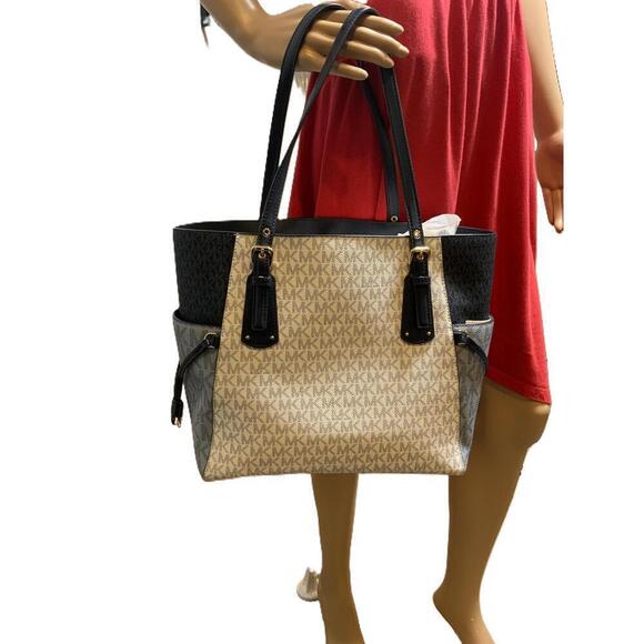 Michael Kors Blue Leather Logo Print Tote Handbag Dual Handles Sz 11x11 Luxe Bag - Picture 2 of 14